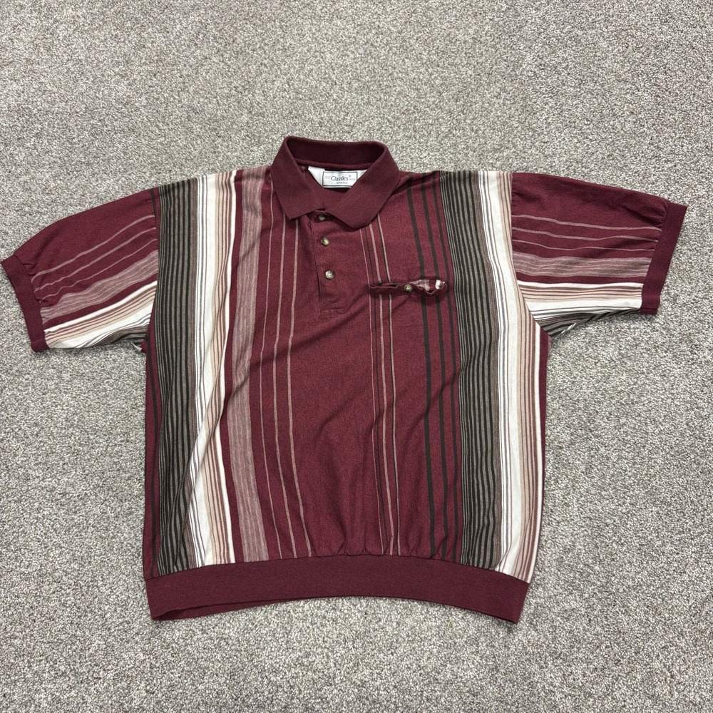 Classics By Palmland Polo Shirt Mens XL Red Stripe Knit Short Sleeve Pocket